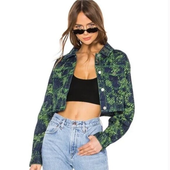 I.AM.GIA Sinead Jacket Green Tiger Crop Jean Jacket Animal Print Cotton Top XS - Picture 1 of 16
